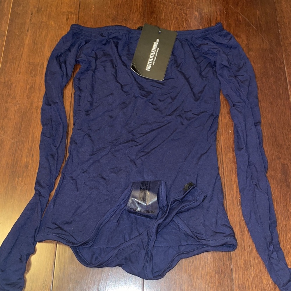 Navy blue off the shoulder long sleeve body suit